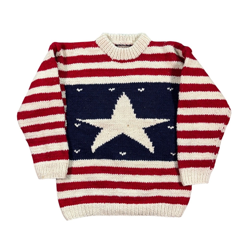 Vintage USA Flag American Hand Made In Ecuador 100% Combed Wool Striped Sweater